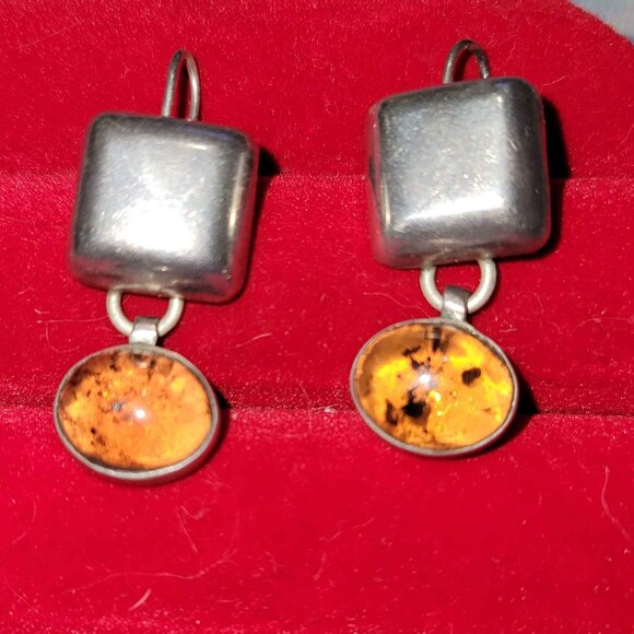 Vintage Baltic Amber 925 Sterling Silver Drop Earrings - Picture 1 of 2